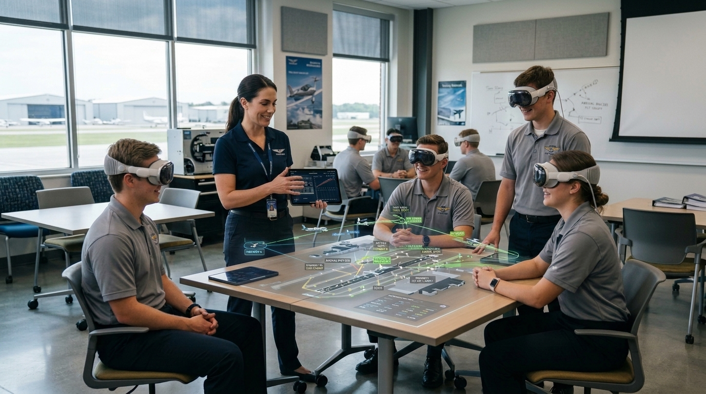 An instructor leading multiple students in Apple Vision Pro headsets through a shared airport briefing on an iPad.