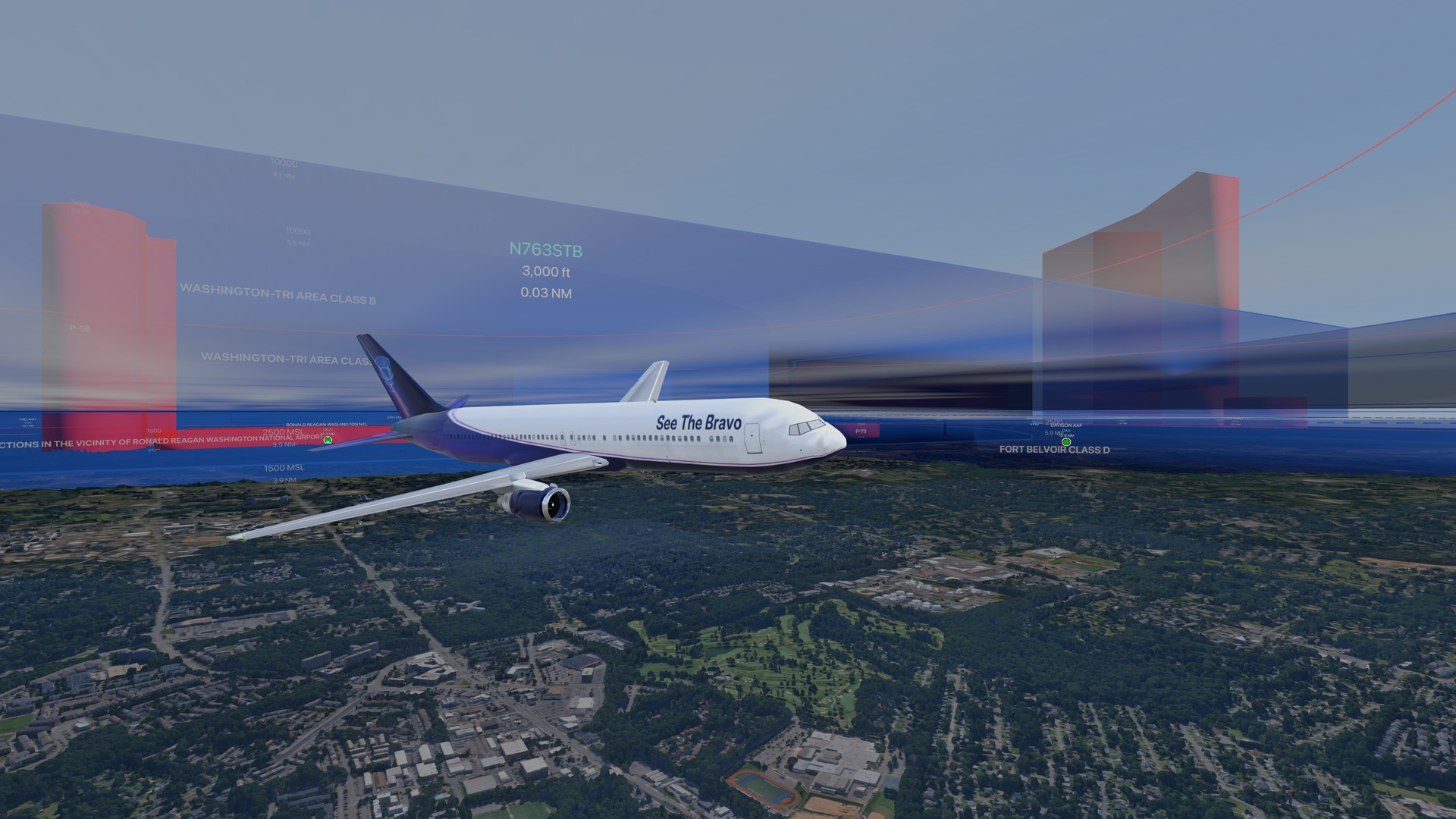 A widebody in See The Bravo house paint banking through the Washington Class B airspace, drawn as 3D volumes, over northern Virginia