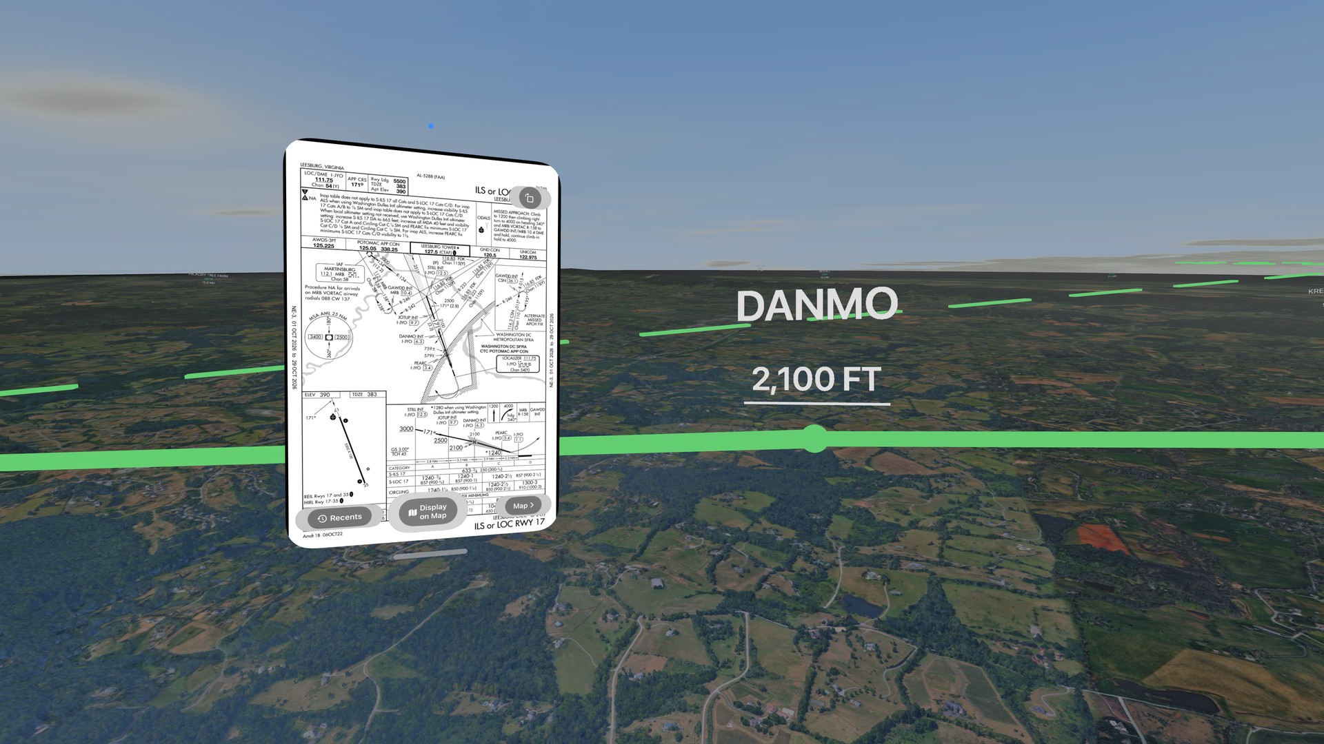 The FAA ILS or LOC RWY 17 plate for Leesburg Executive in the flight bag, with the approach drawn in 3D beside it at the DANMO fix and the missed approach dashed behind