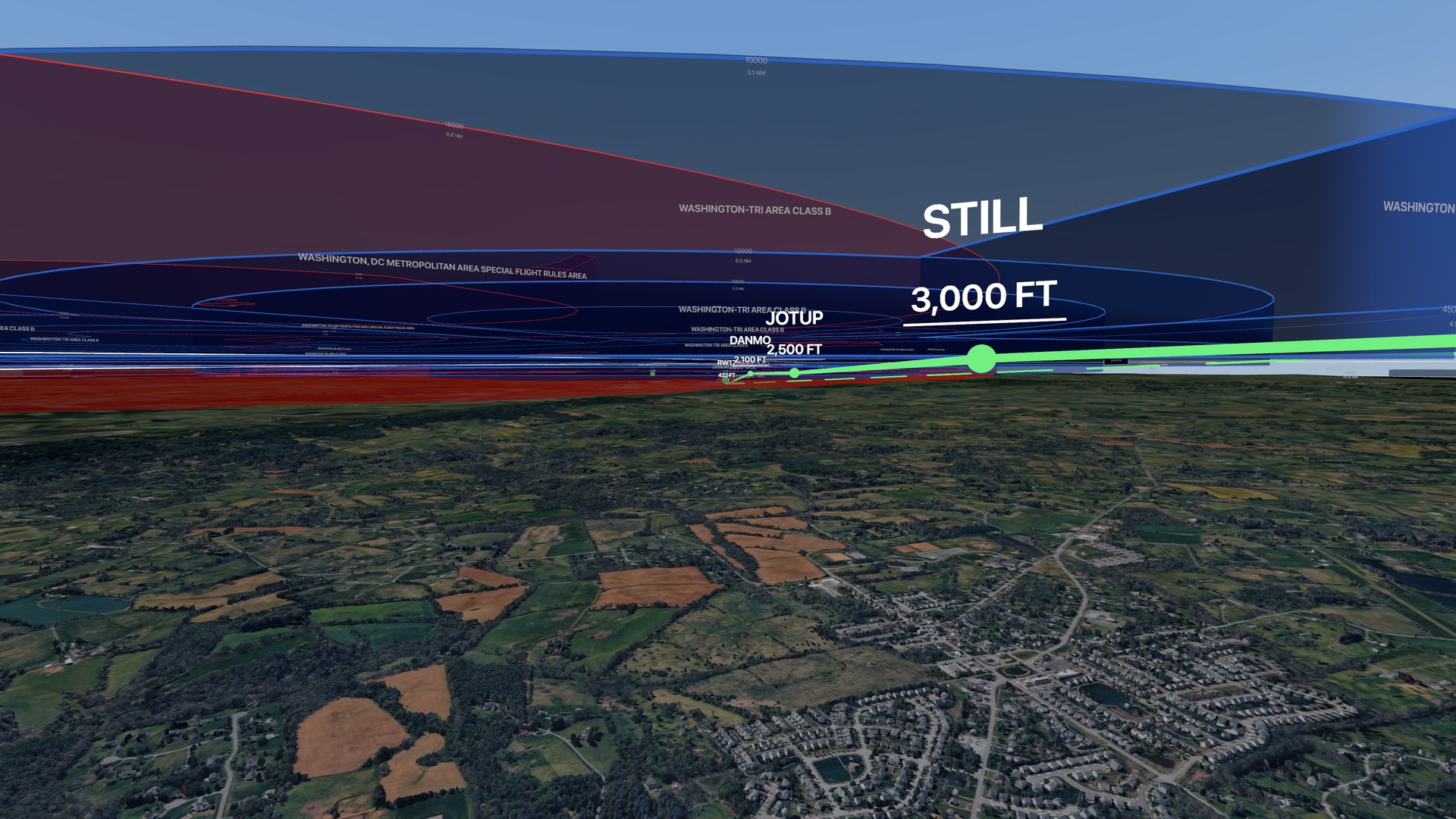 The ILS 17 approach to Leesburg Executive drawn as a green line descending through STILL, JOTUP and DANMO, under the Washington Class B shelves