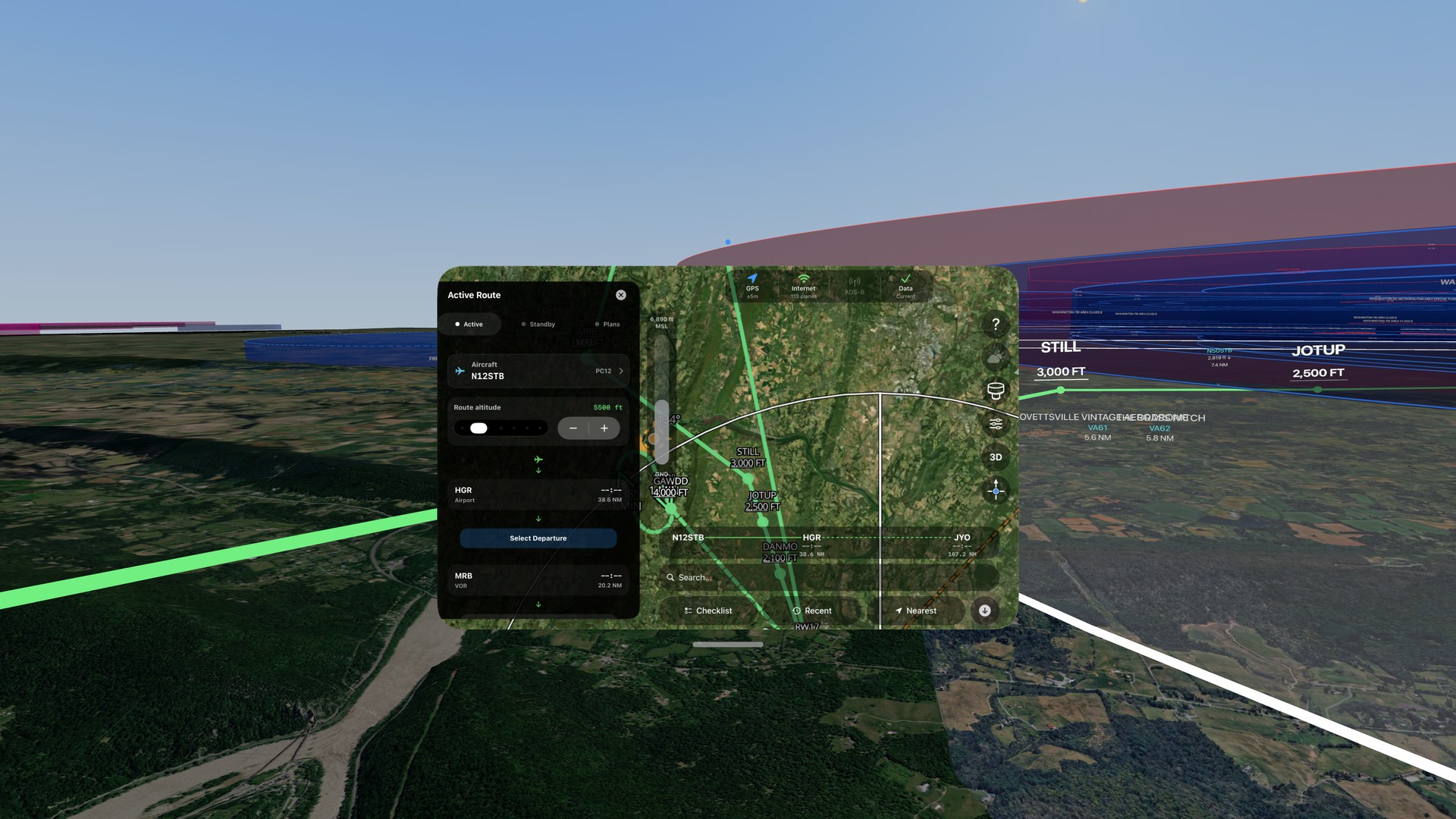 The Active Route tray in the flight bag, with the same route drawn as a green line in the immersive view