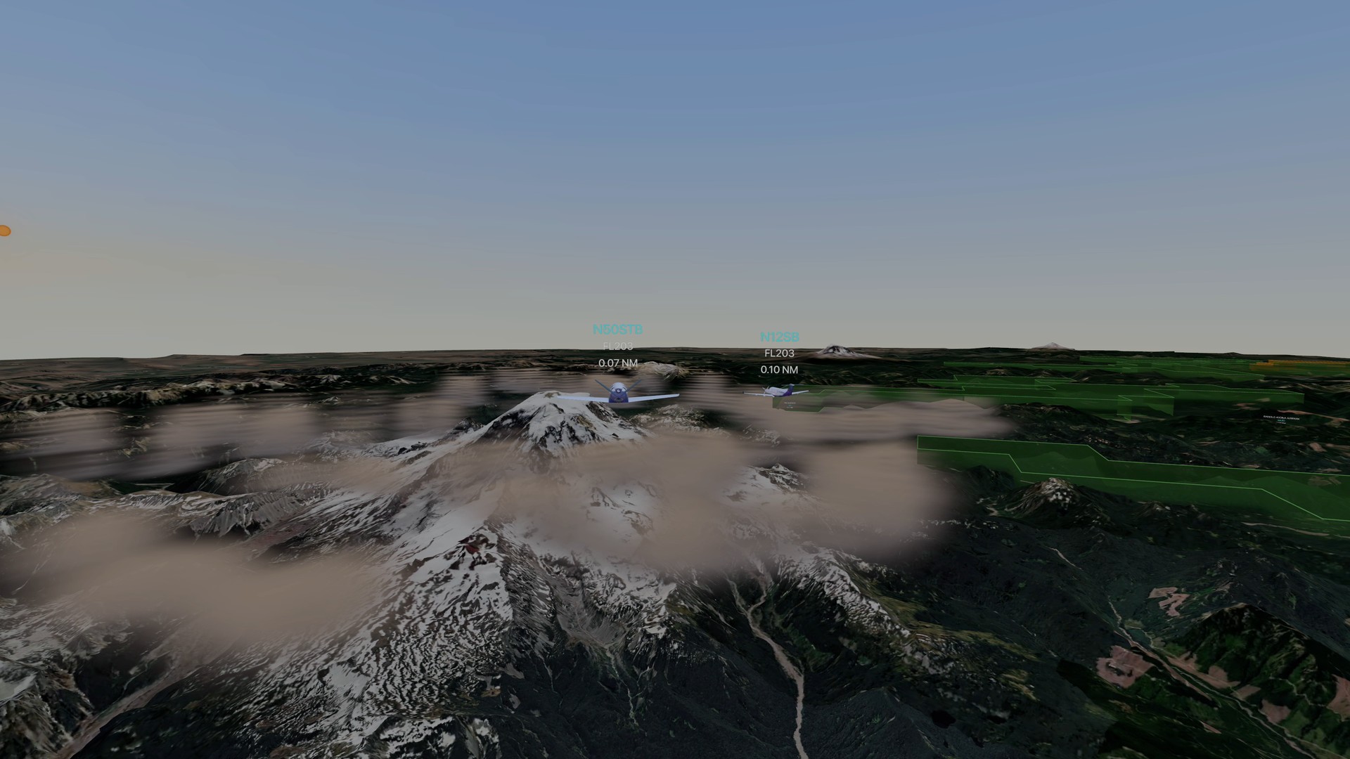 Icing and turbulence forecast volumes beside Mount Rainier at first light